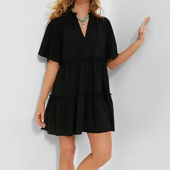 Tuckernuck Crawford Tiered Mini Dress Black Crepe Flutter Sleeve Size L NWOT - Picture 2 of 3